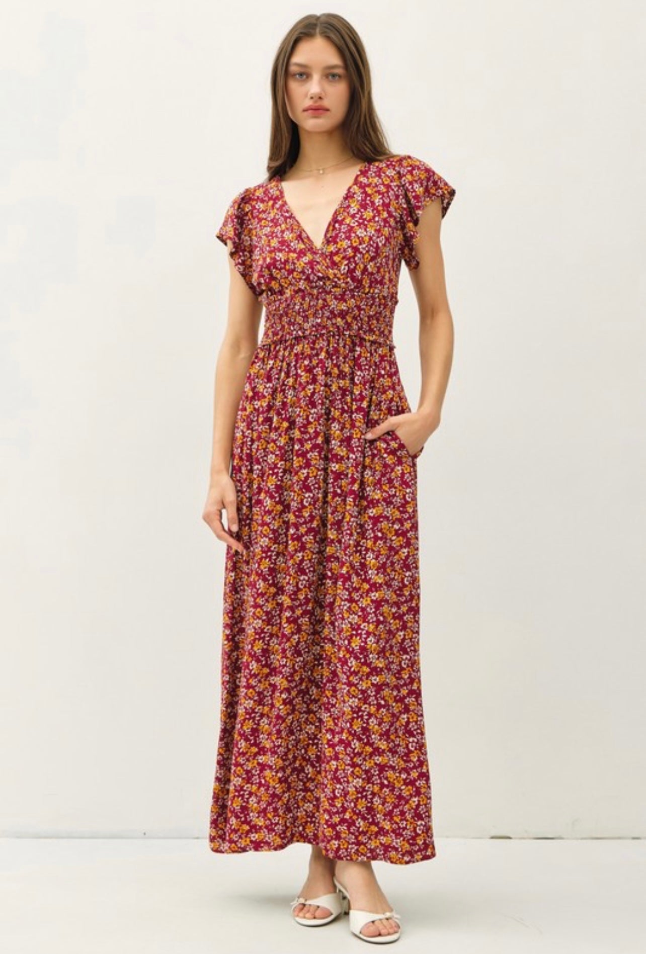 Floral V-Neck Cap Sleeve Maxi Dress