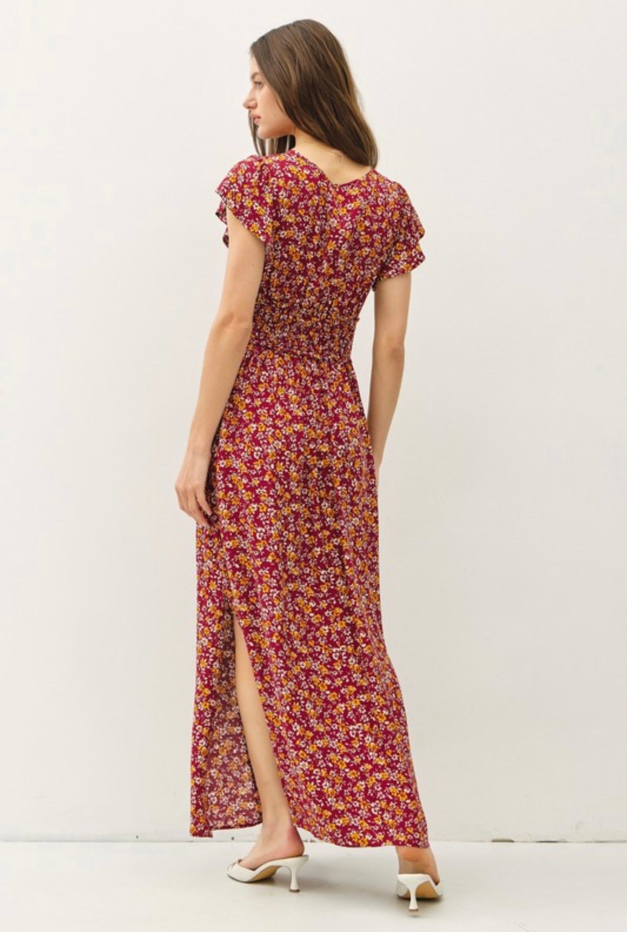 Floral V-Neck Cap Sleeve Maxi Dress