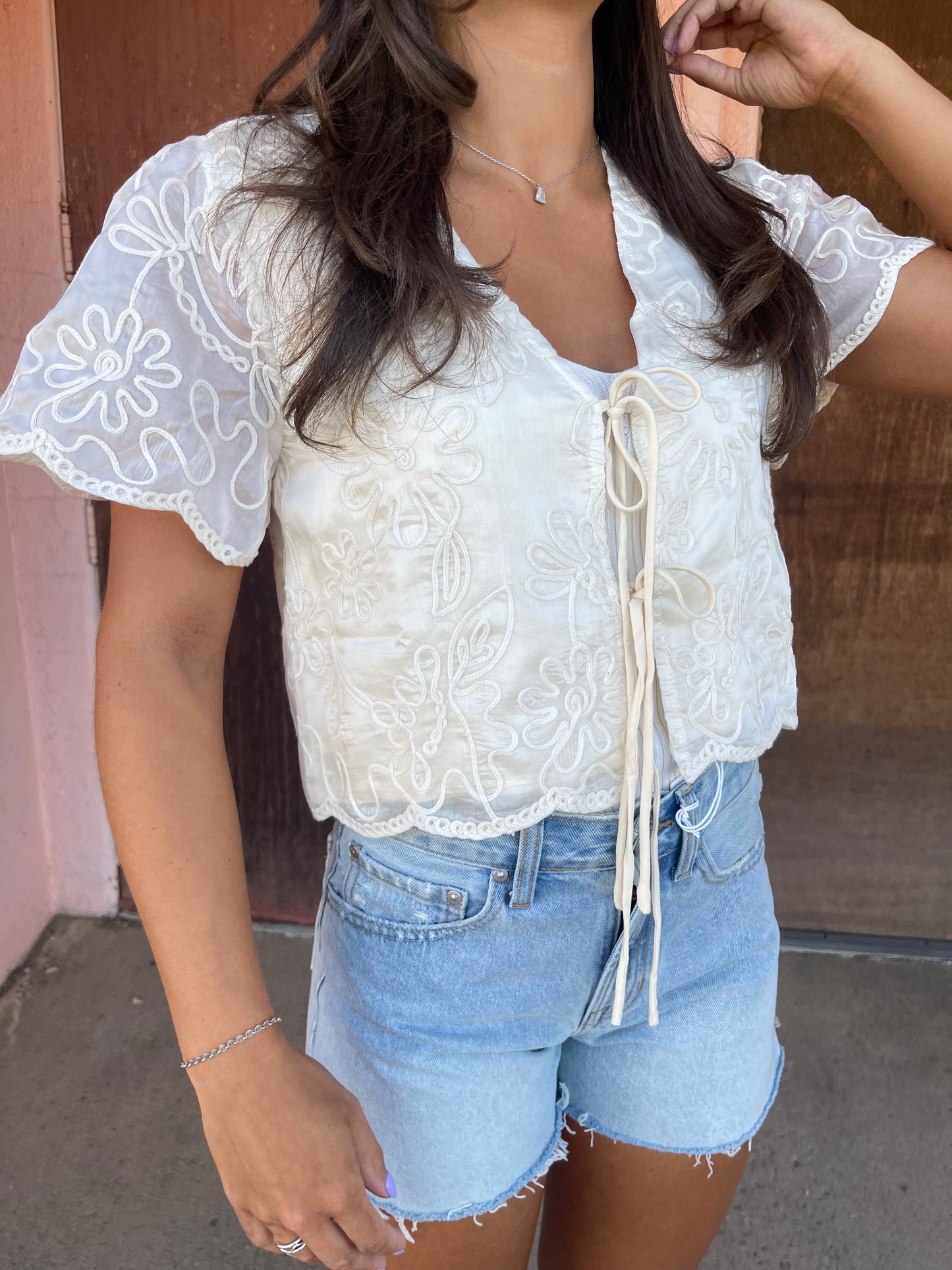 Tie Short Sleeve Top with Floral Embroidery