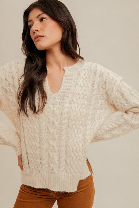 NOTCH NECKLINE CABLE KNIT SWEATER PULLOVER