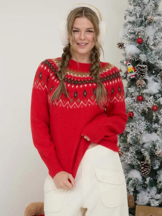RED FUZZY FAIR ISLE SWEATER