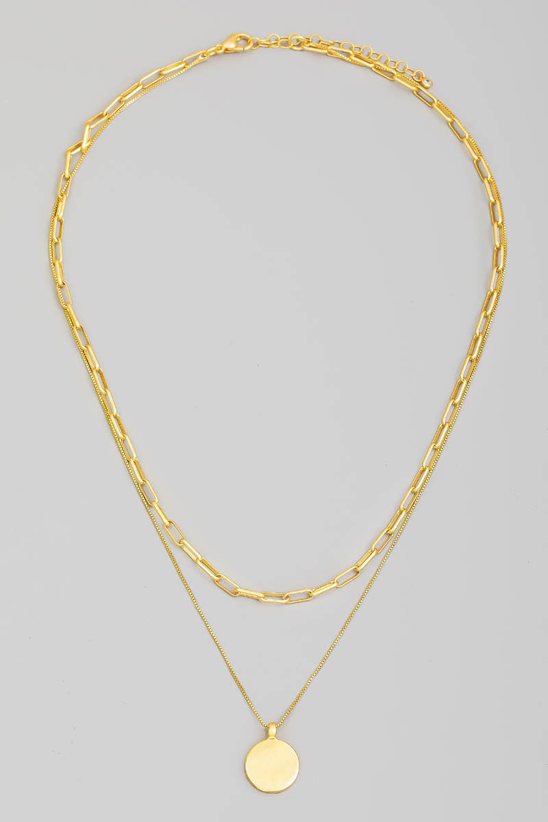 Gold Dipped Coin Pendant Layered Chain Link Necklace