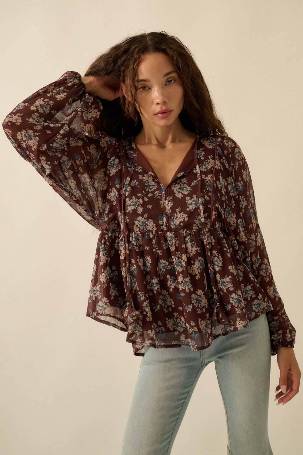 Floral Chiffon Tie-Neck Babydoll Peasant Top