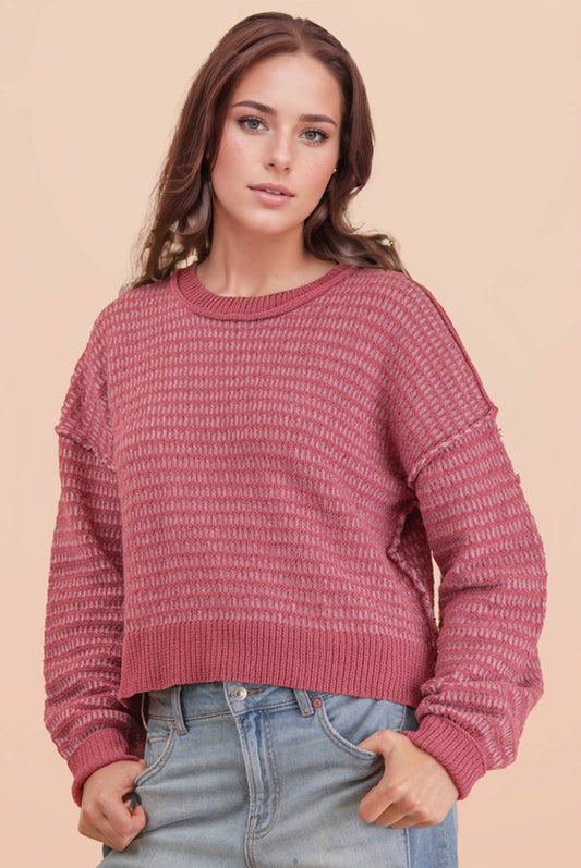 Two Tone Textured Knit Casual Sweater Top