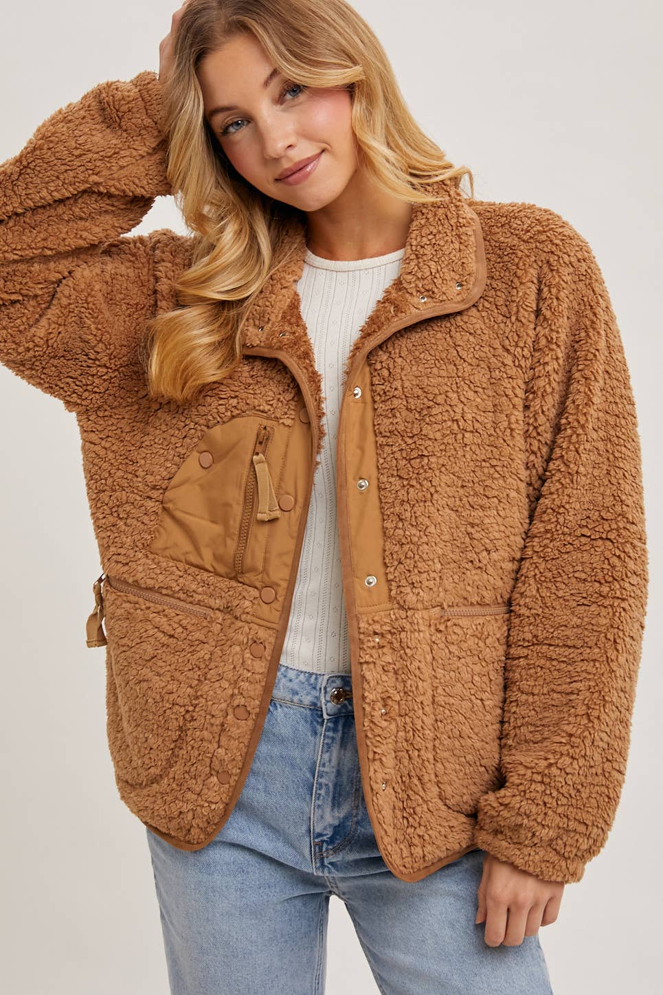 BUTTON DOWN FLEECE SHERPA JACKET