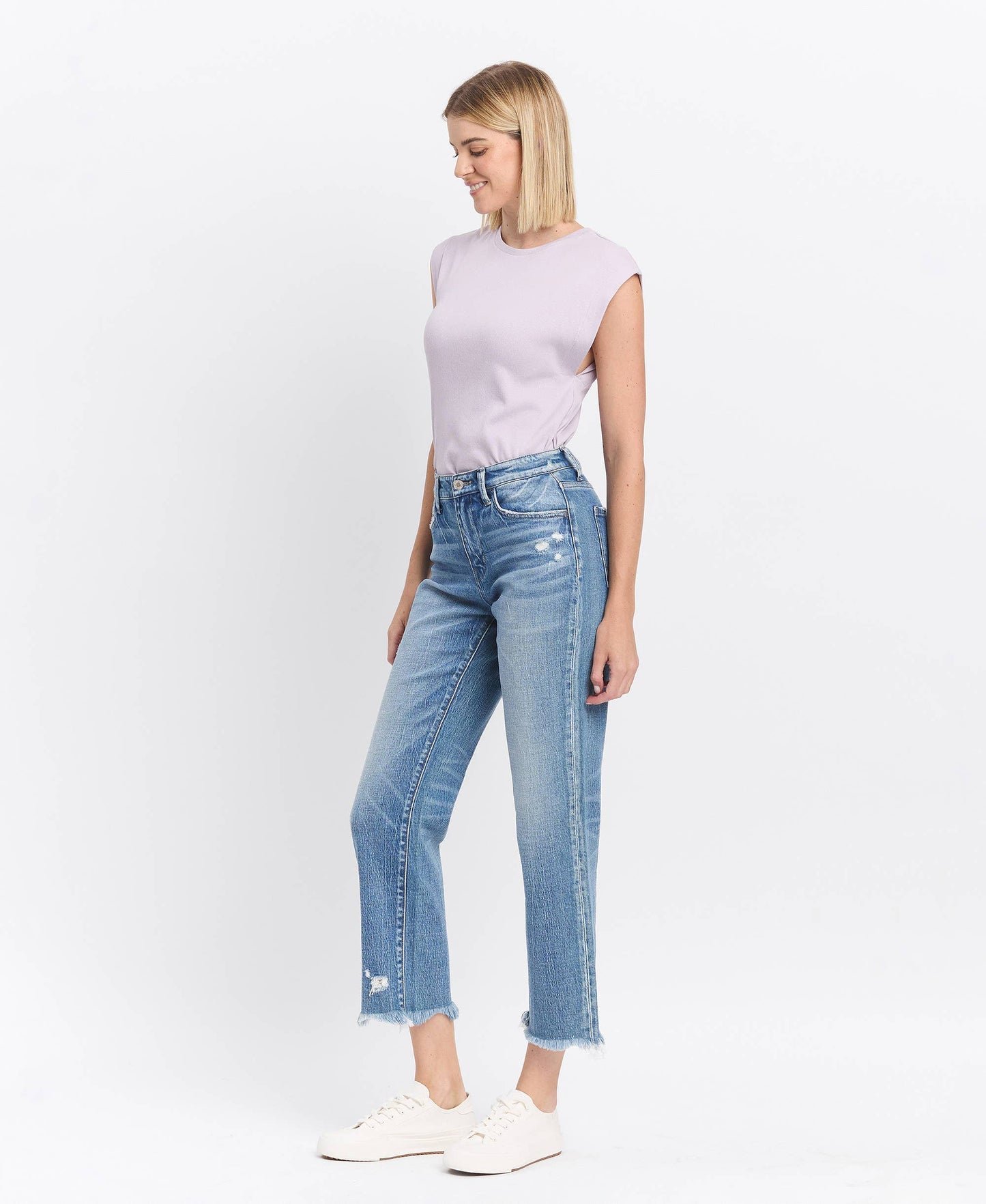 HIGH RISE FRAYED HEM STRAIGHT JEANS