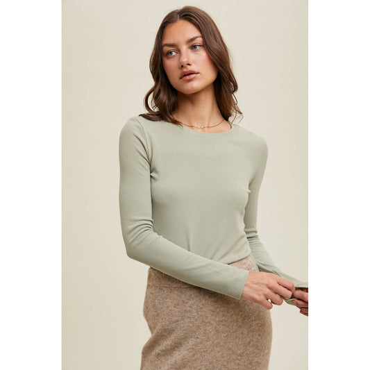 GREEN ROUND NECK RIBBED KNIT TOP