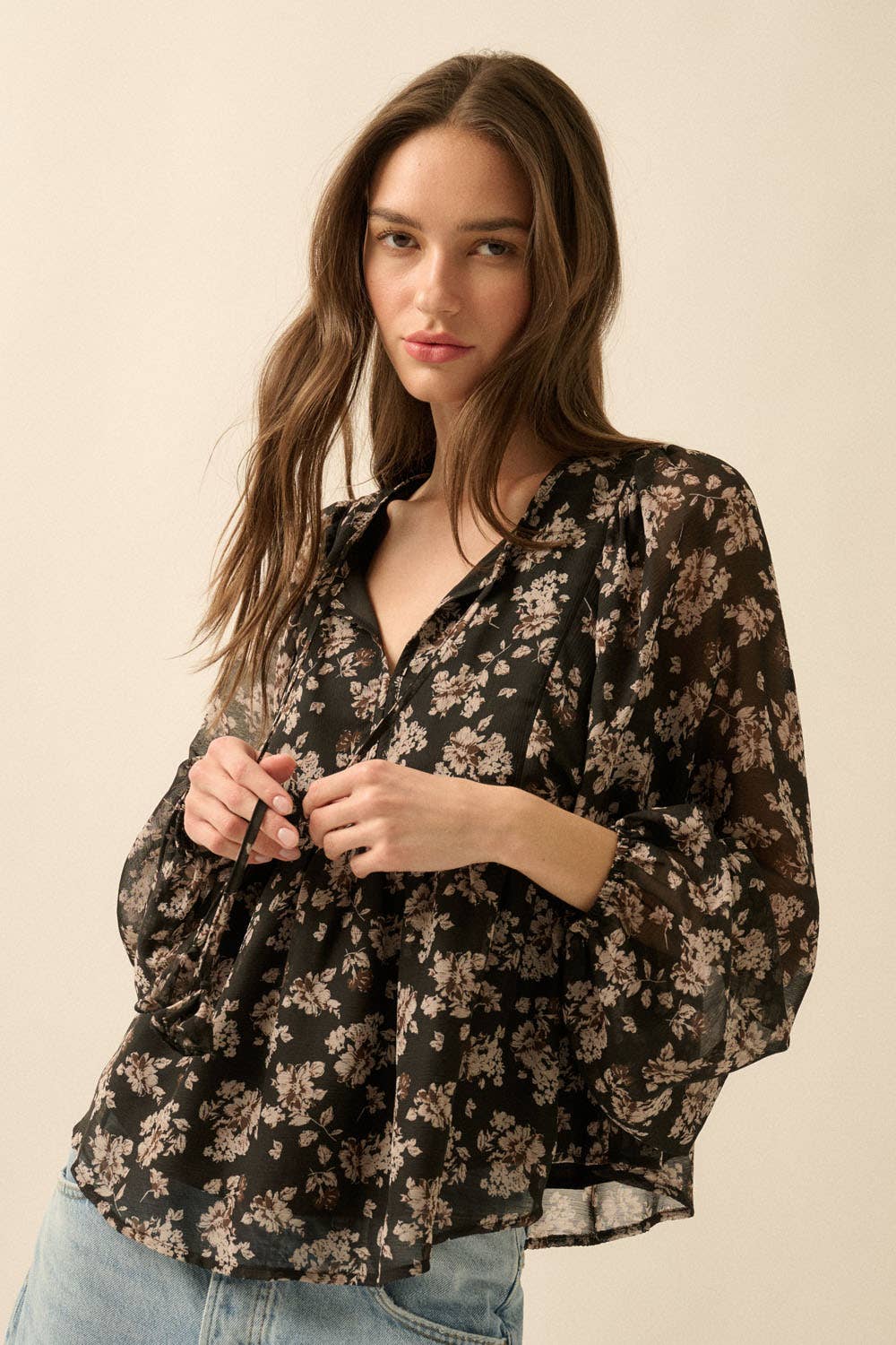 Floral Chiffon Tie-Neck Babydoll Peasant Top