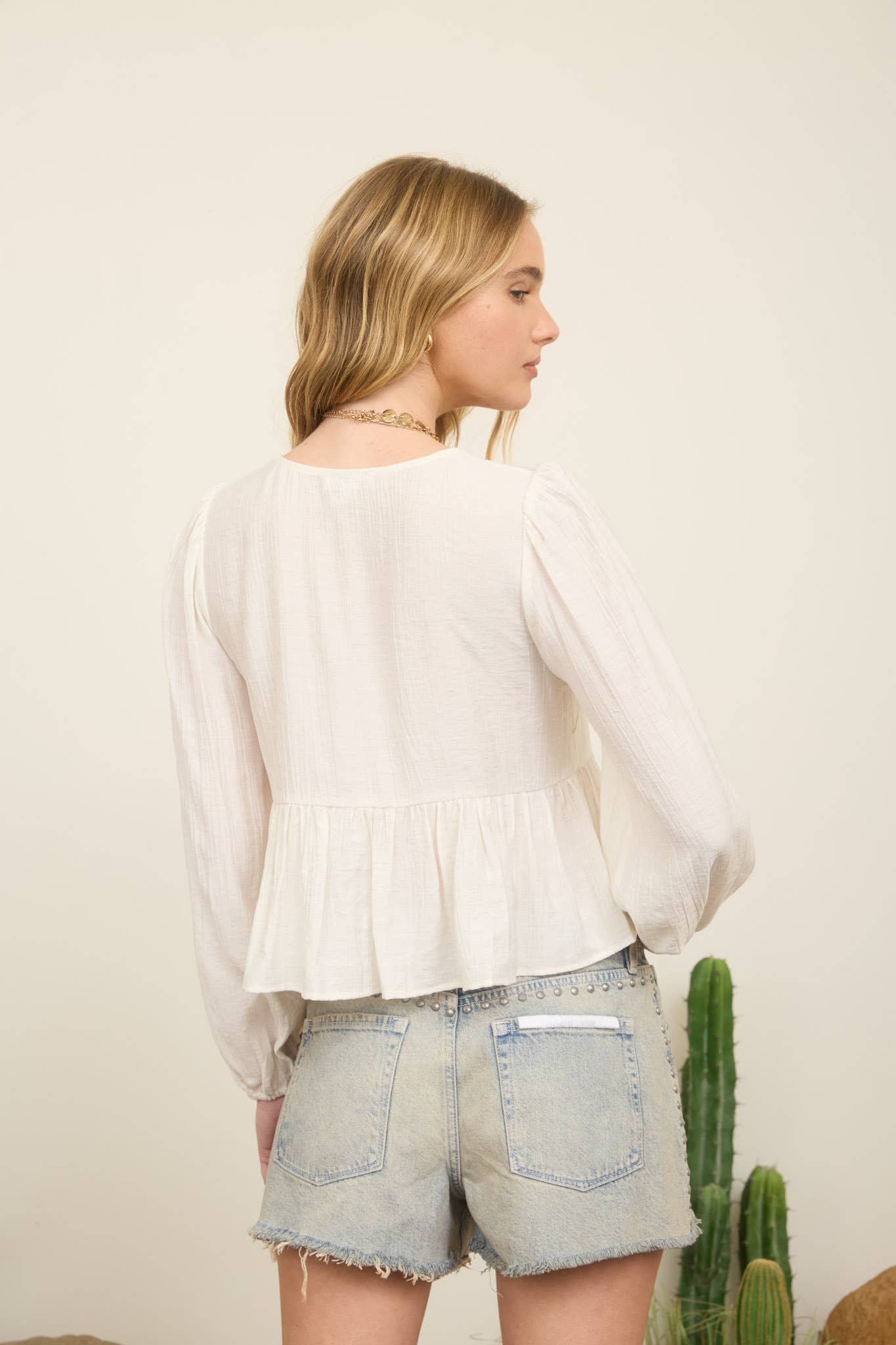 FLORAL EYELET EMBROIDERY FRONT TIE LONG SLEEVE TOP