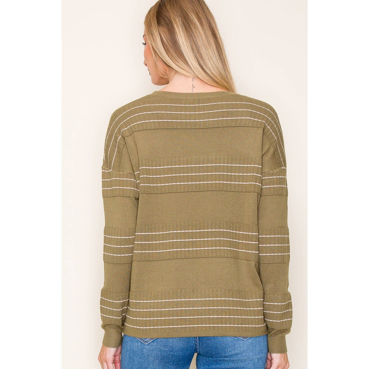 STITCH STRIPED LONG SLEEVE CREW NECK PULLOVER SWEATER: Olive