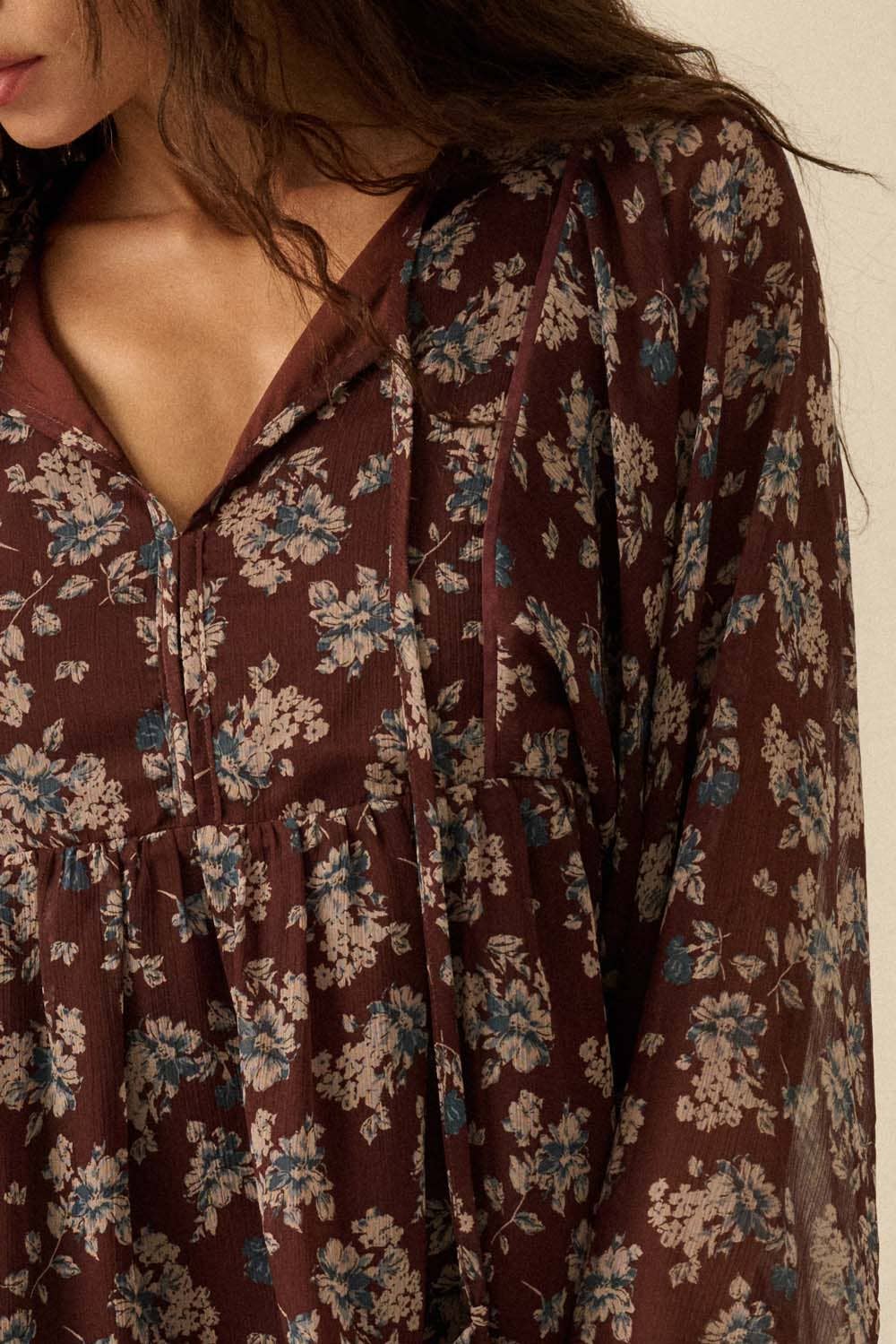 Floral Chiffon Tie-Neck Babydoll Peasant Top