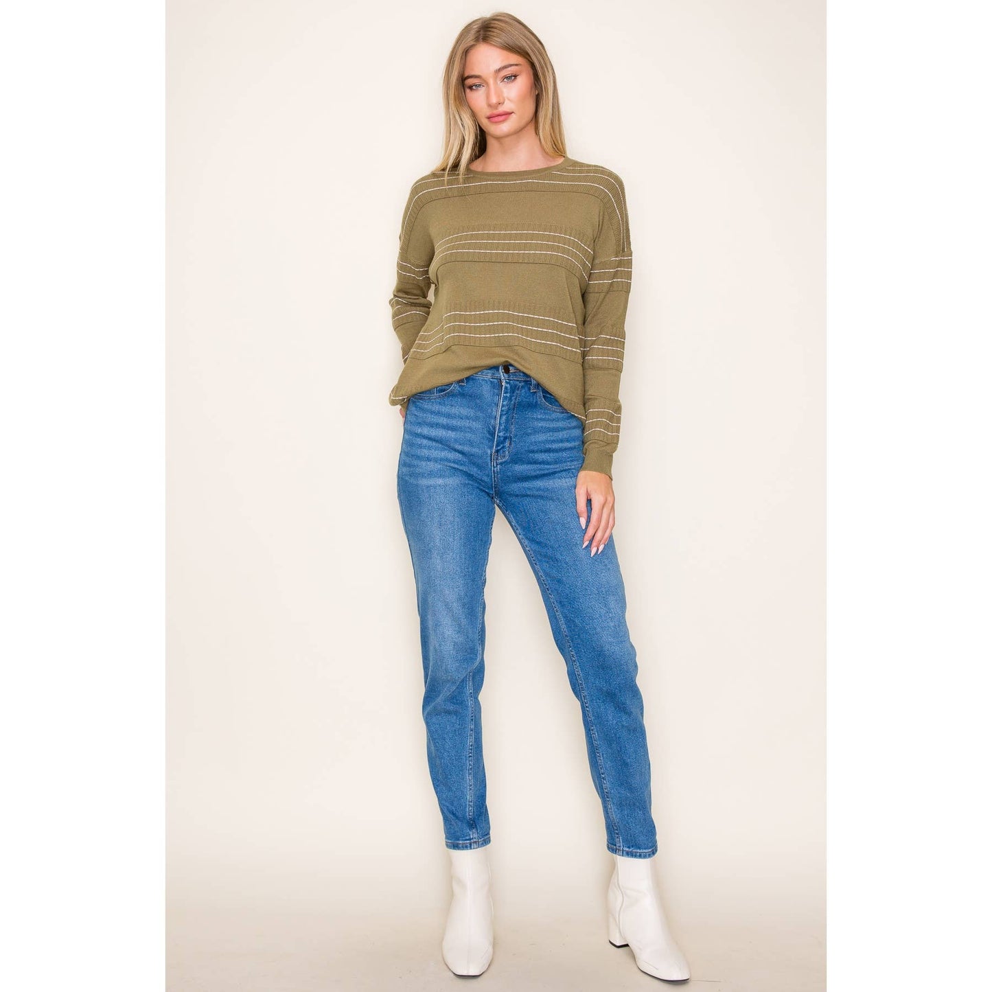 STITCH STRIPED LONG SLEEVE CREW NECK PULLOVER SWEATER: Olive