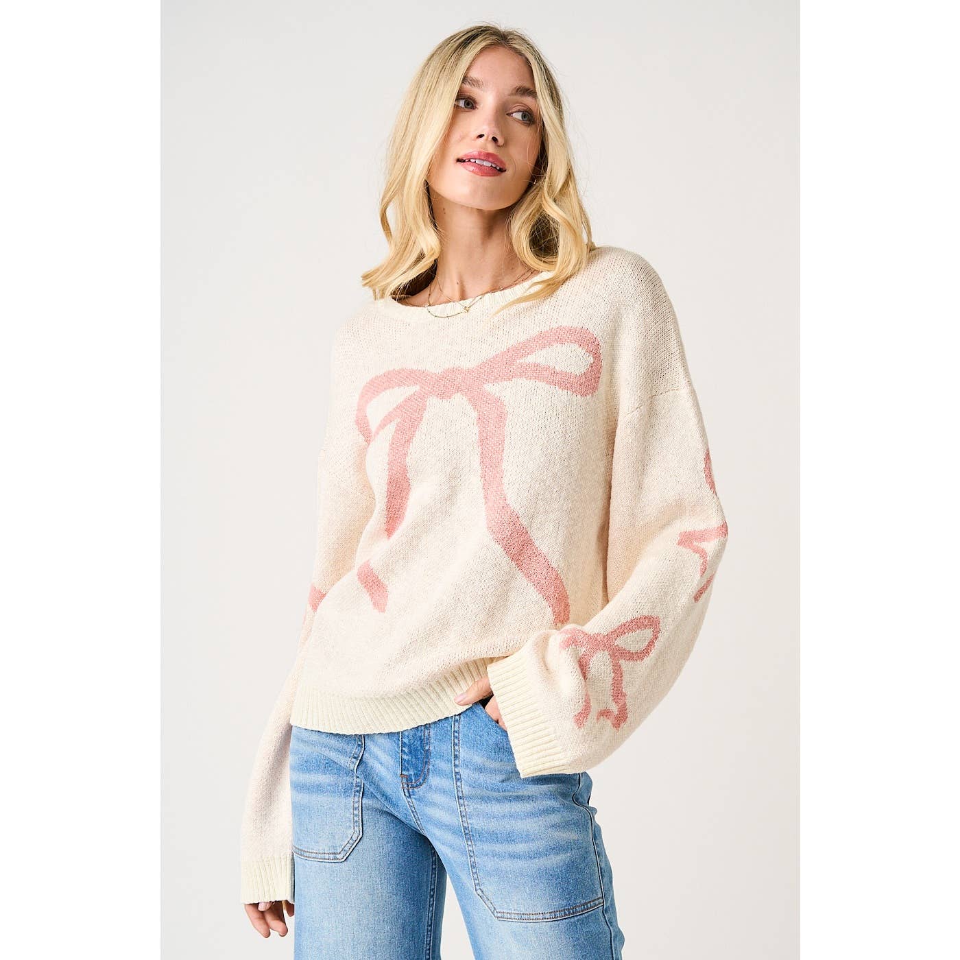 BOW WIDE SLEEVE KNIT SWEATER