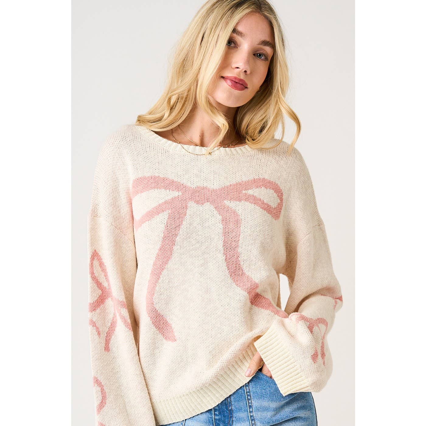 BOW WIDE SLEEVE KNIT SWEATER