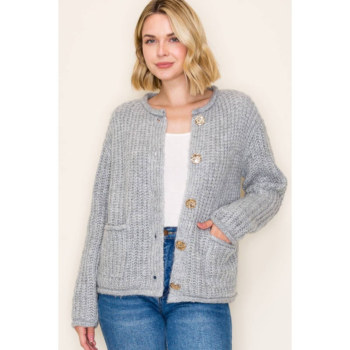 METAL BUTTON DOWN CHUNKY CARDIGAN