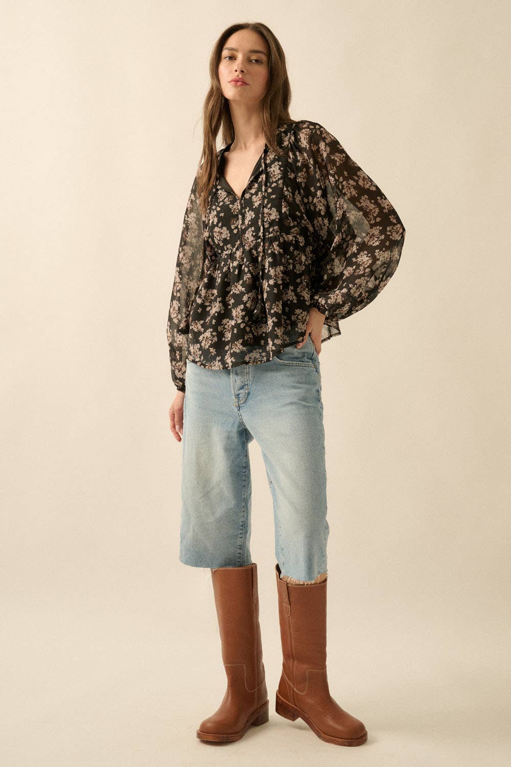 Floral Chiffon Tie-Neck Babydoll Peasant Top