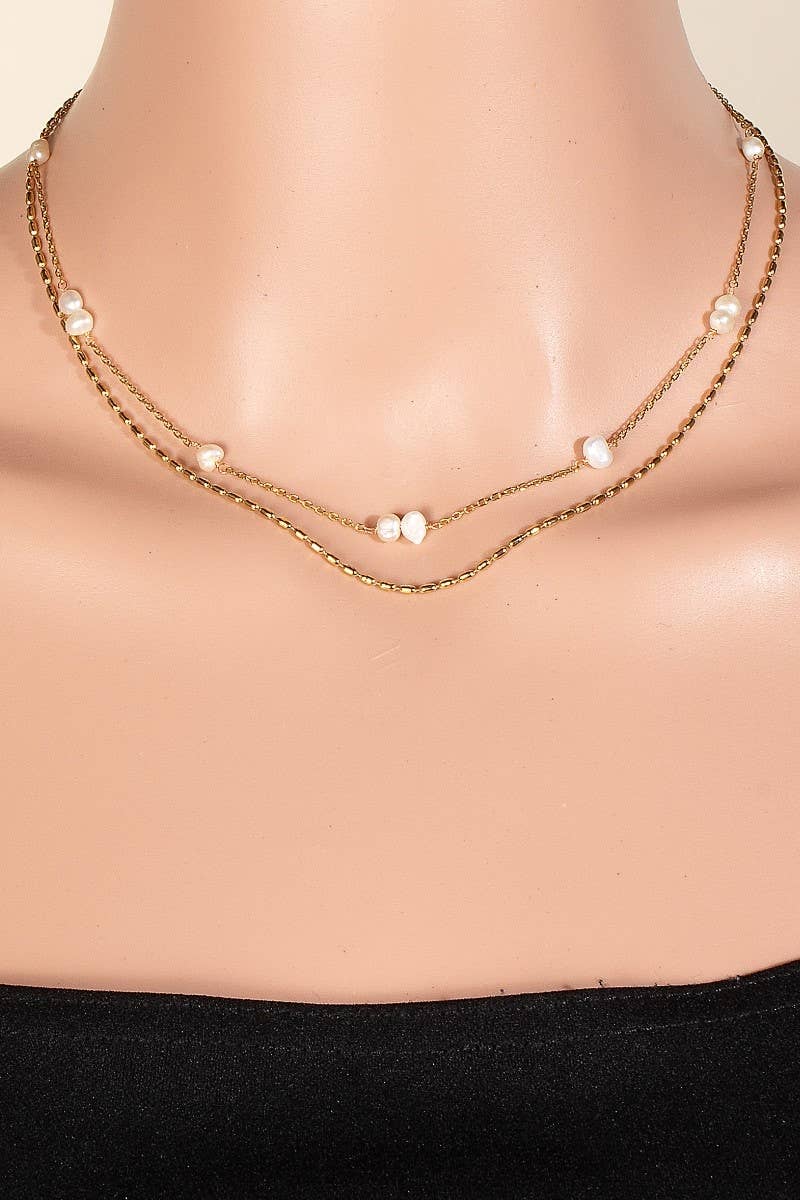 Pearl Station Charms Layered Stainless Steel Chain Necklace: GDCRM