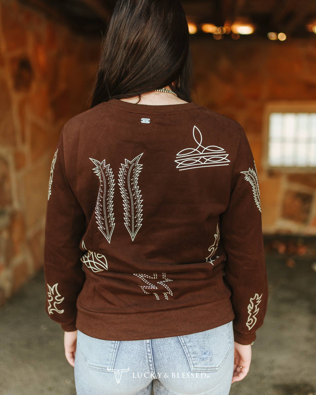 Brown Boot-stitch Western Round Neck Pull Over Sweater
