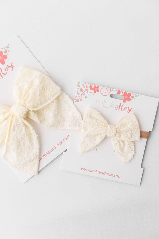 Classic Hair Bow - Cream Eyelet