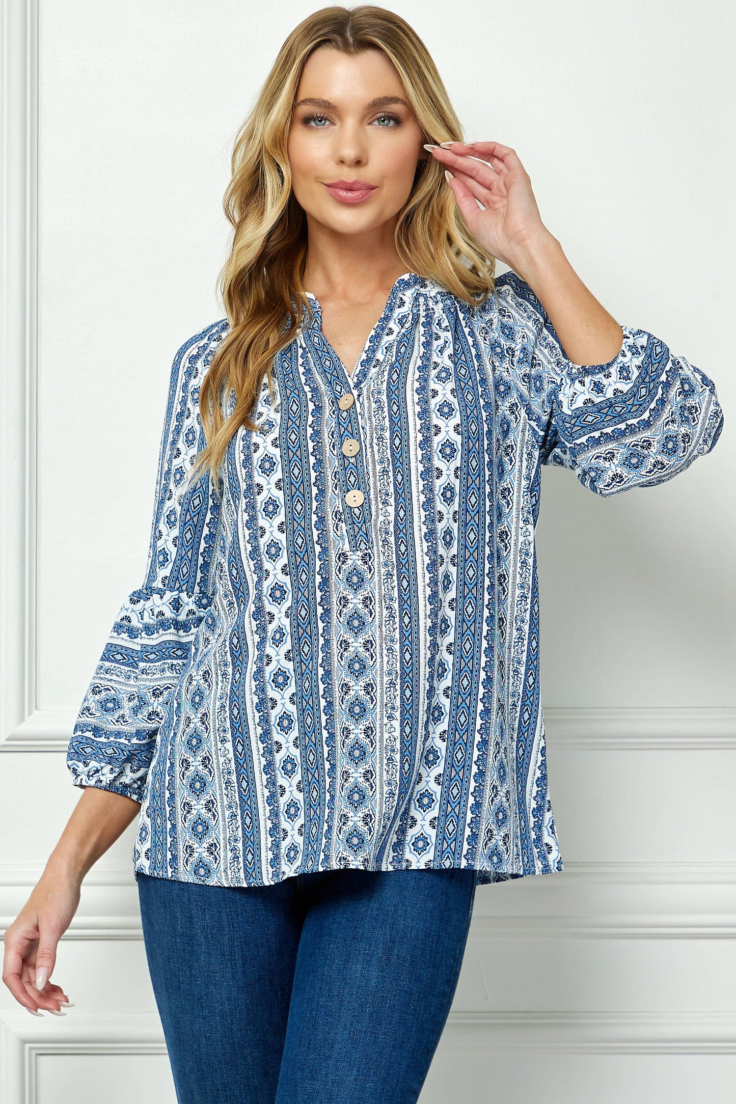 MANDARIN COLLAR PRINT BLOUSE