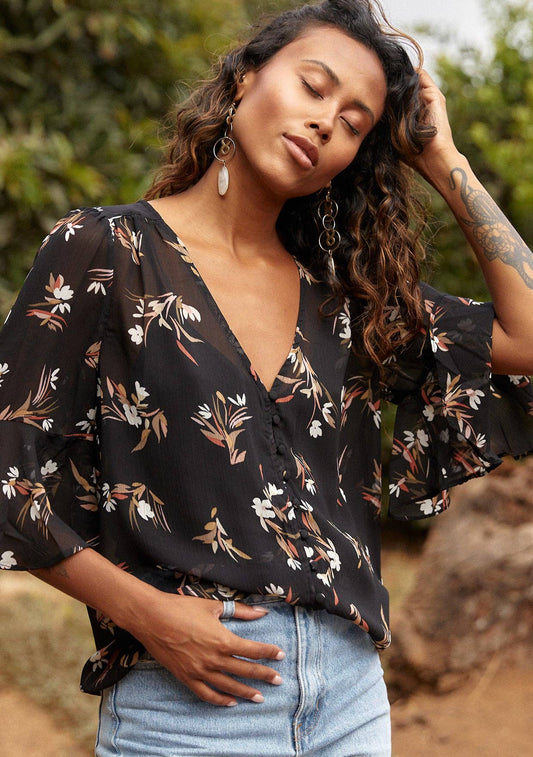 Casa Floral Half Sleeve Button Down Blouse