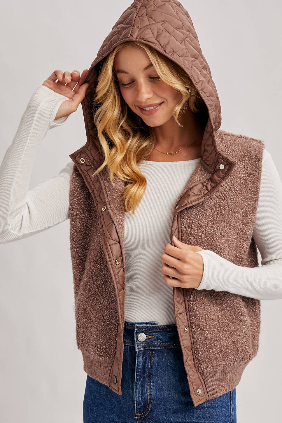 BUTTON DOWN SHERPA QUILTED HOOD VEST