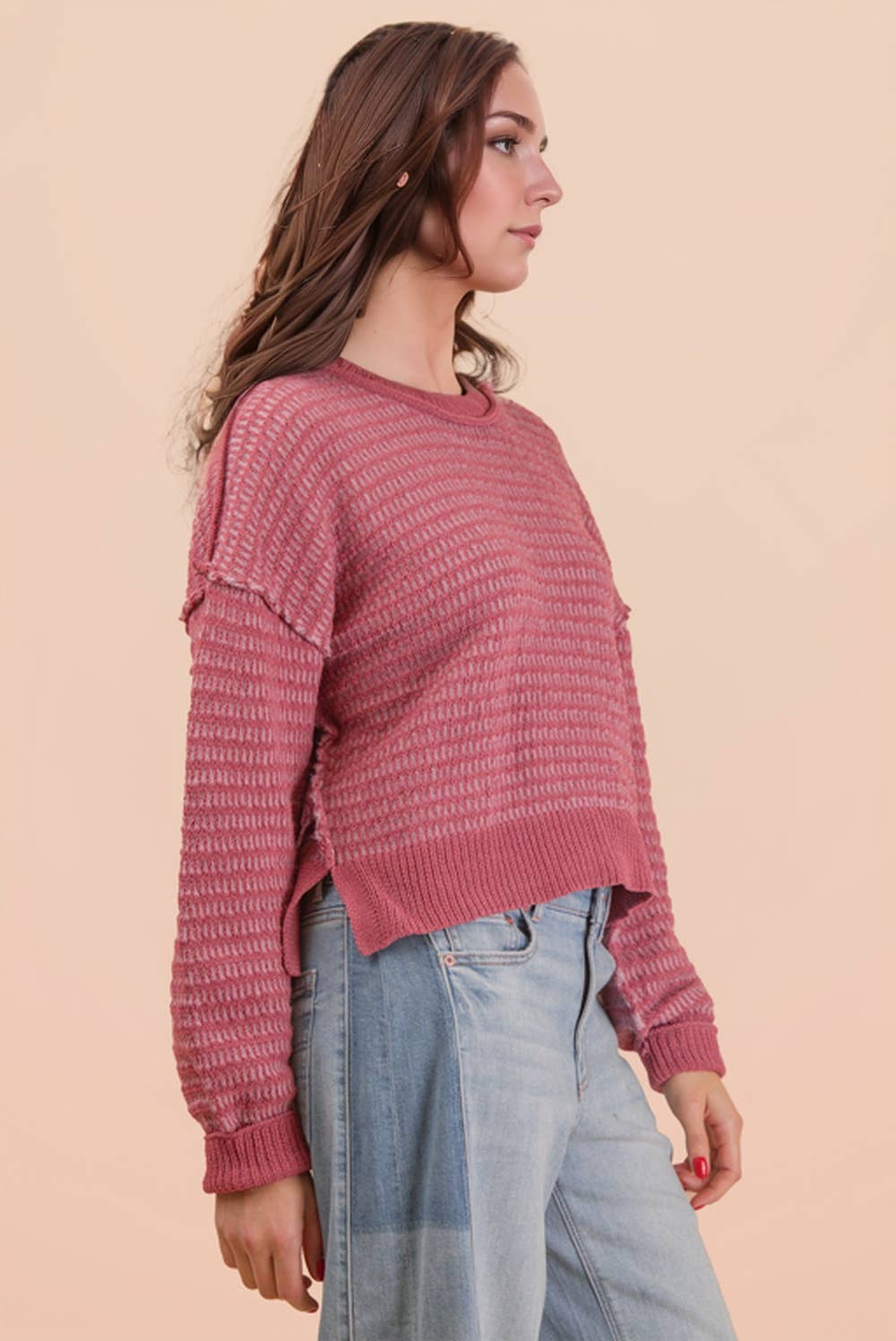 Two Tone Textured Knit Casual Sweater Top