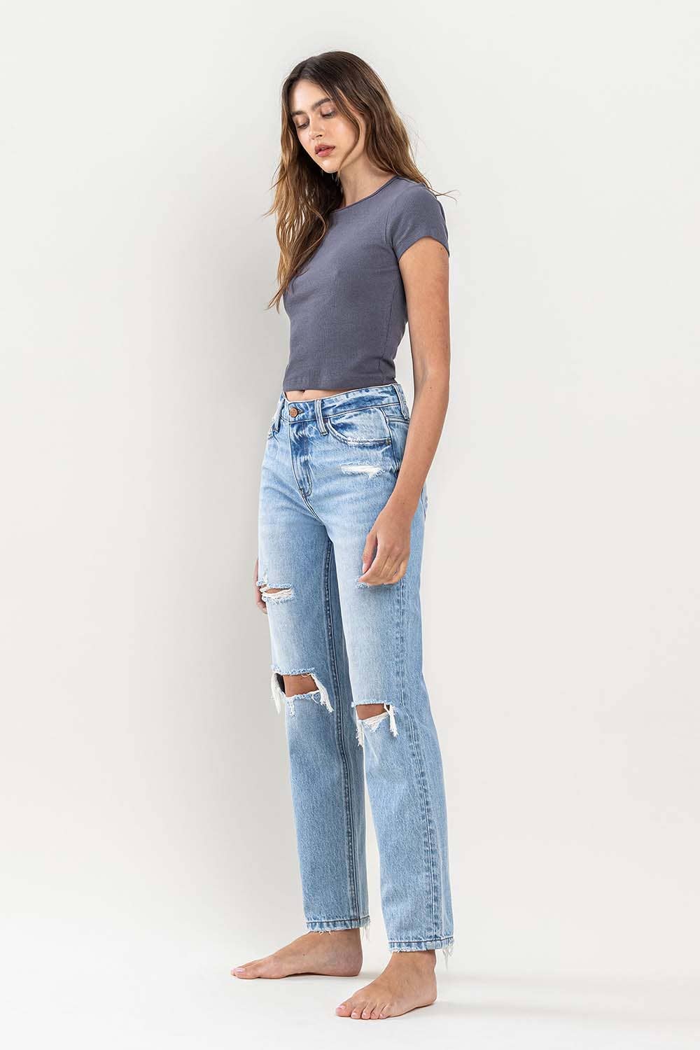 KAYLIE HIGH RISE DISTRESSED STRAIGHT JEAN