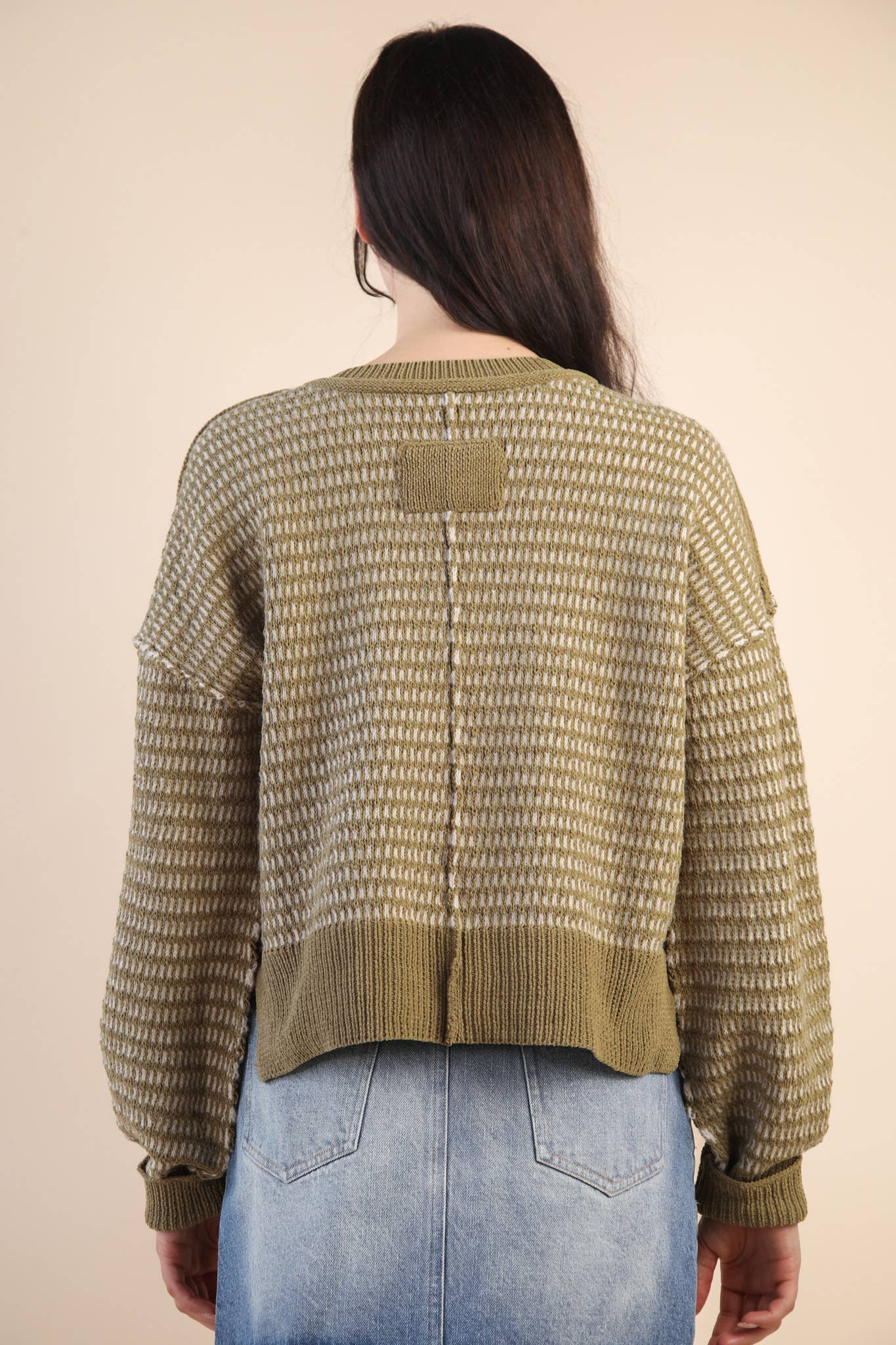 Two Tone Textured Knit Casual Sweater Top
