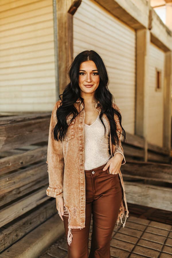 Camel Distressed Button Down