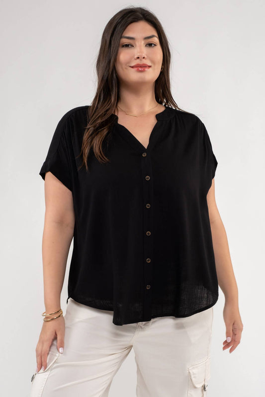 PLUS SHORT ROLL SLEEVE BUTTON DOWN TOP