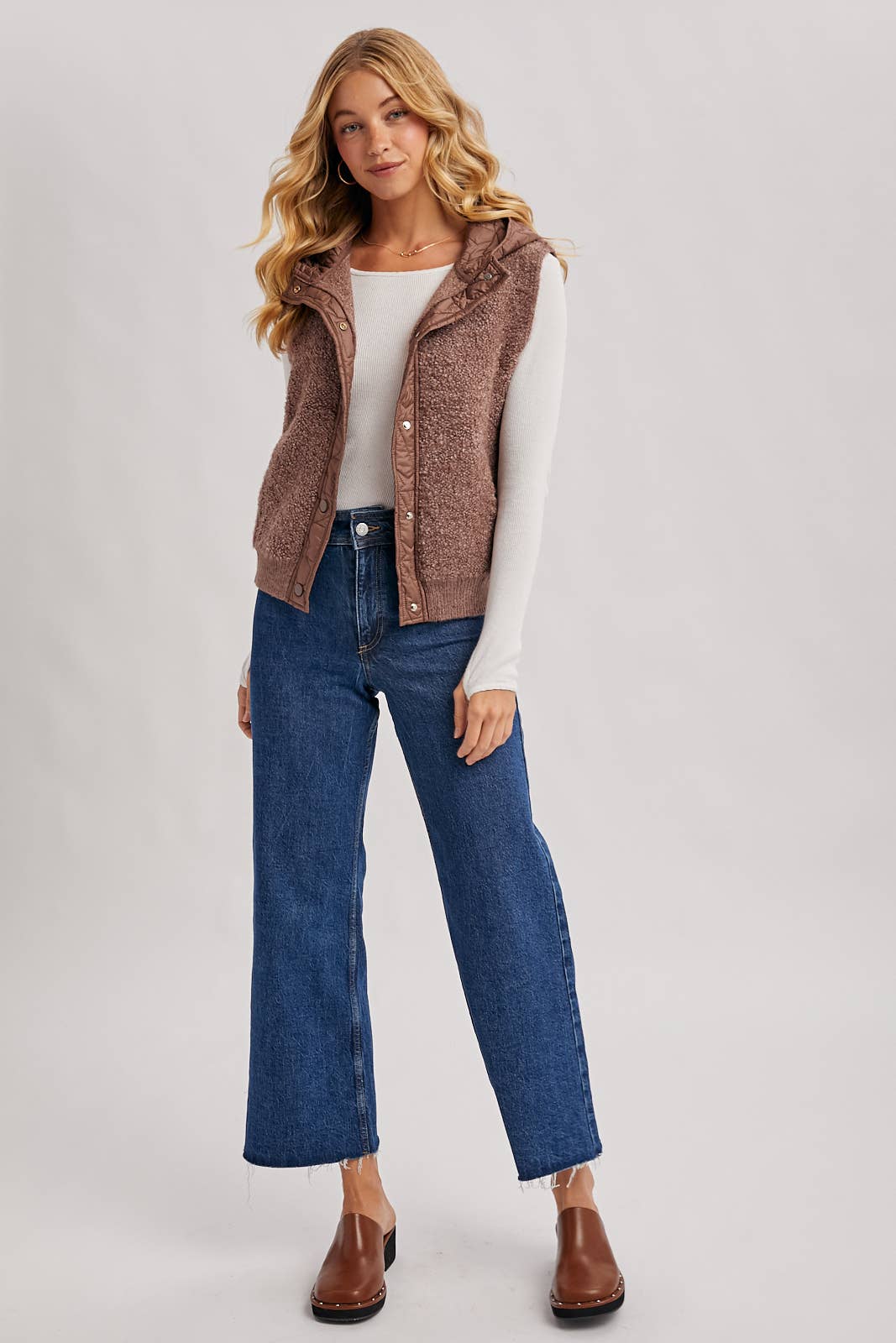 BUTTON DOWN SHERPA QUILTED HOOD VEST