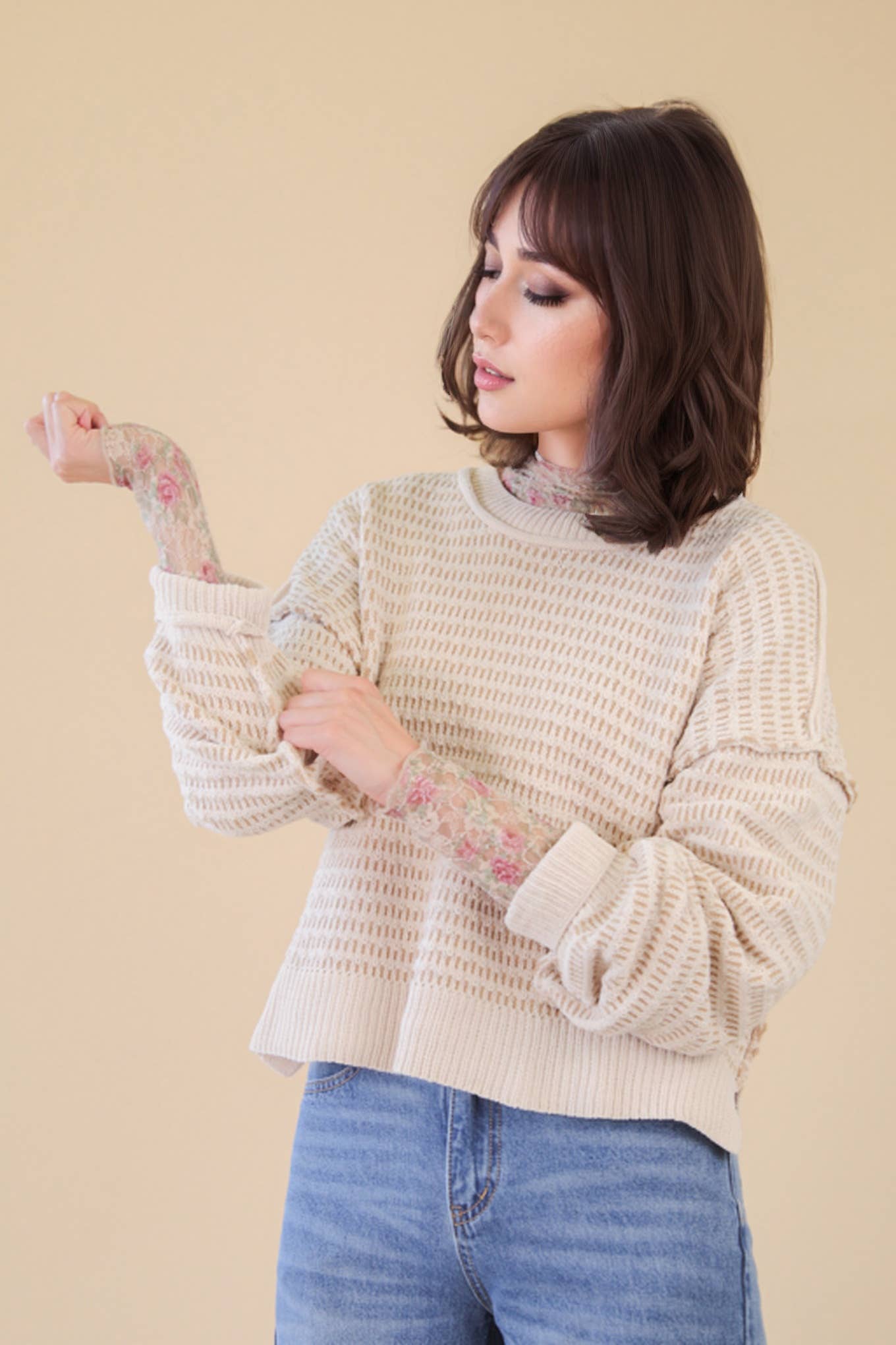Two Tone Textured Knit Casual Sweater Top