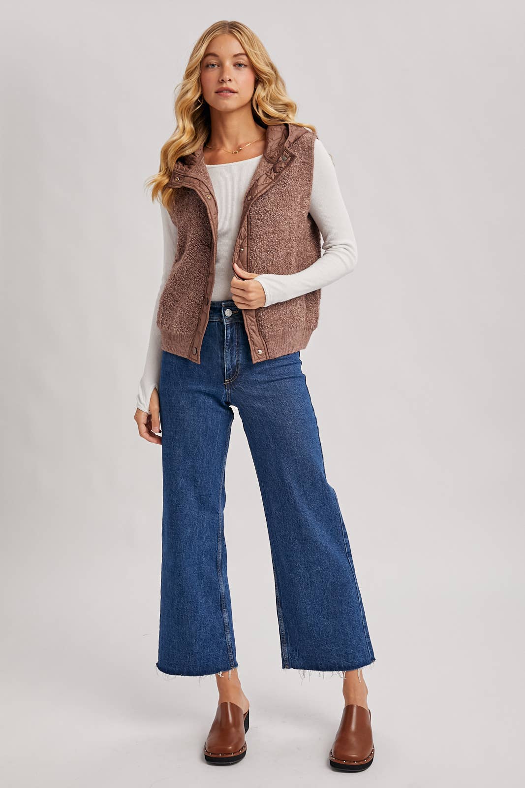 BUTTON DOWN SHERPA QUILTED HOOD VEST