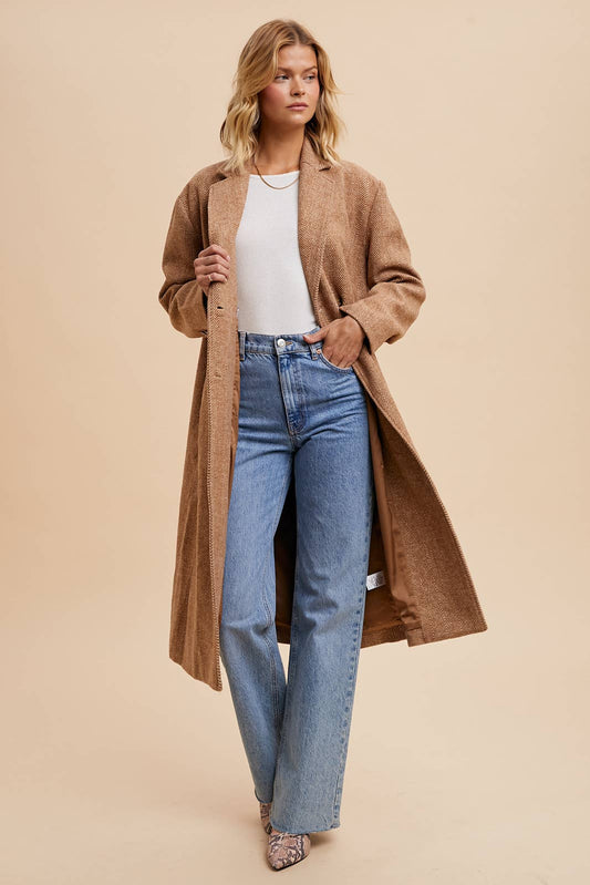 HERRINGBONE LAPEL LONG LINE COAT