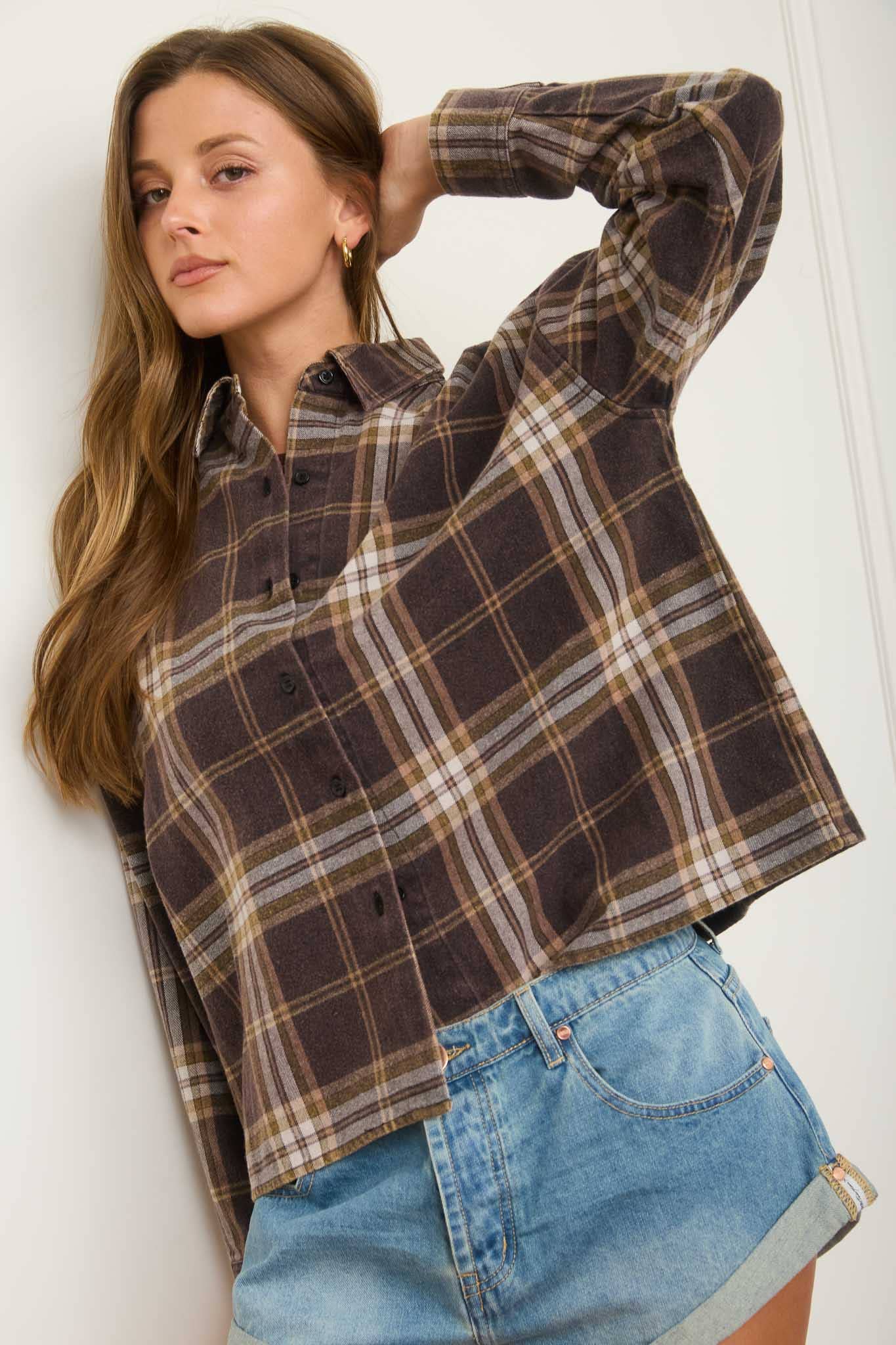 BLACK PLAID BOXY BUTTON DOWN