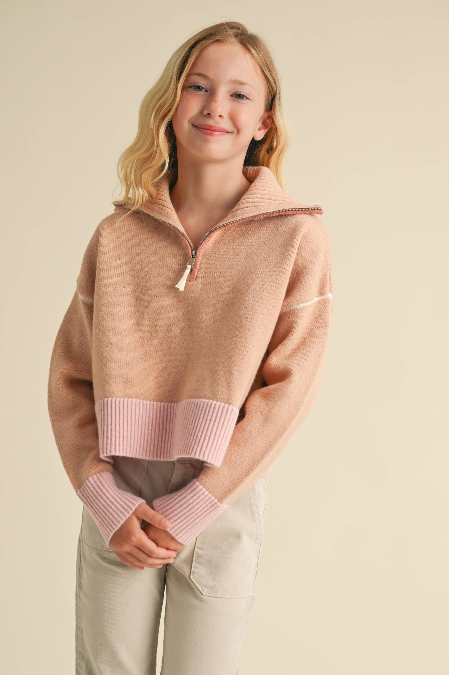 GIRLS HALF ZIP COLLAR SWEATER