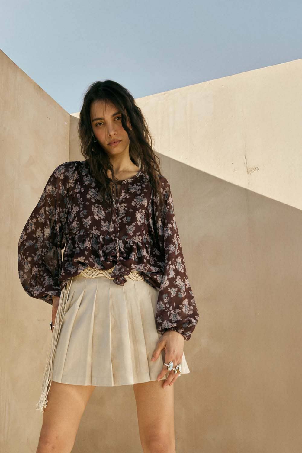 Floral Chiffon Tie-Neck Babydoll Peasant Top