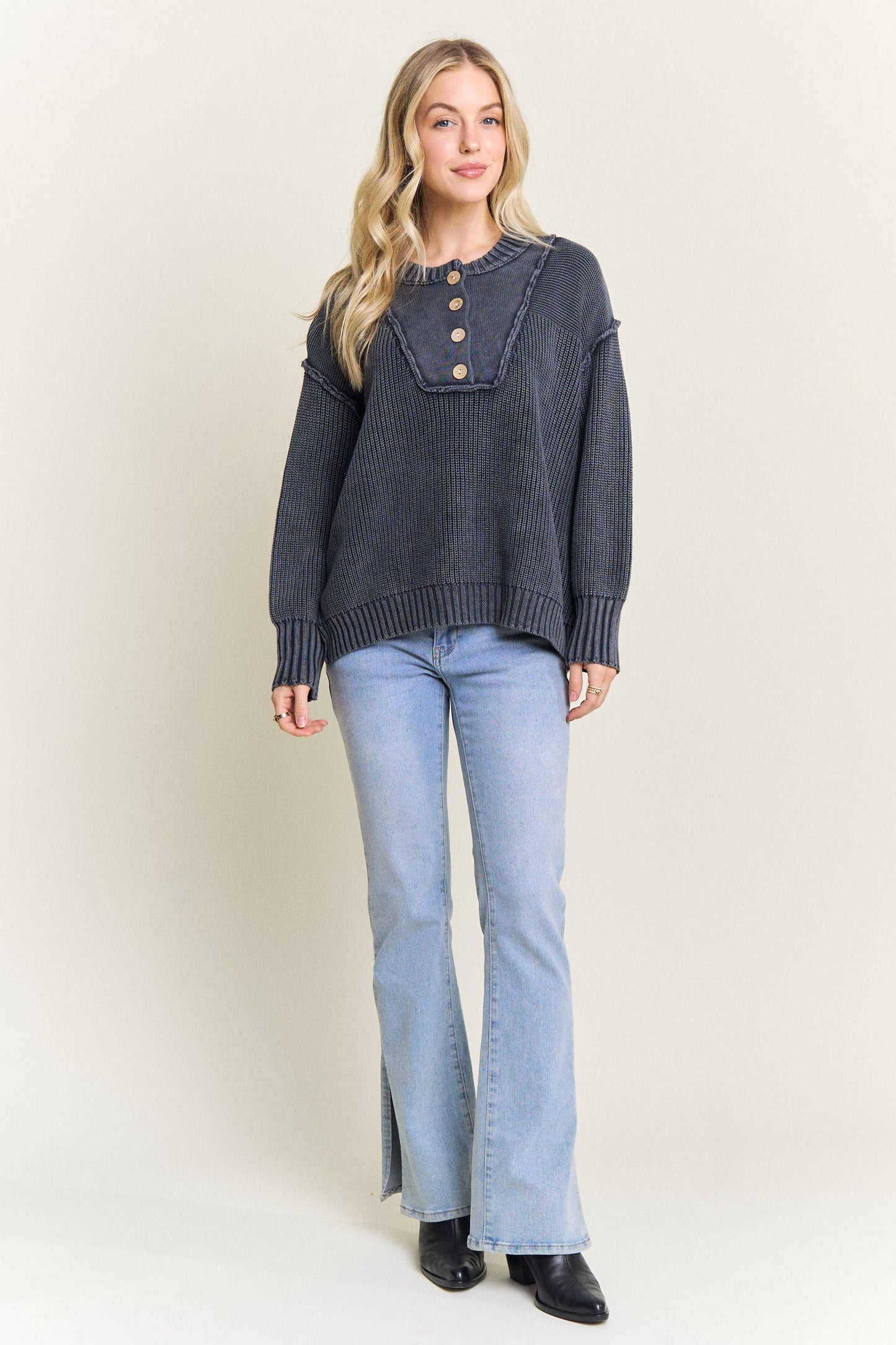 NAVY BUTTON FRONT HENLEY KNIT