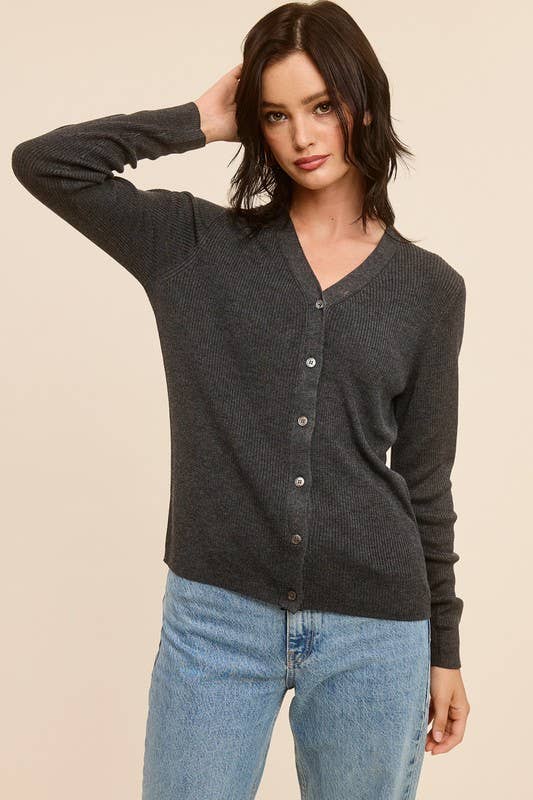 CHARCOAL RIBBED CARDIGAN