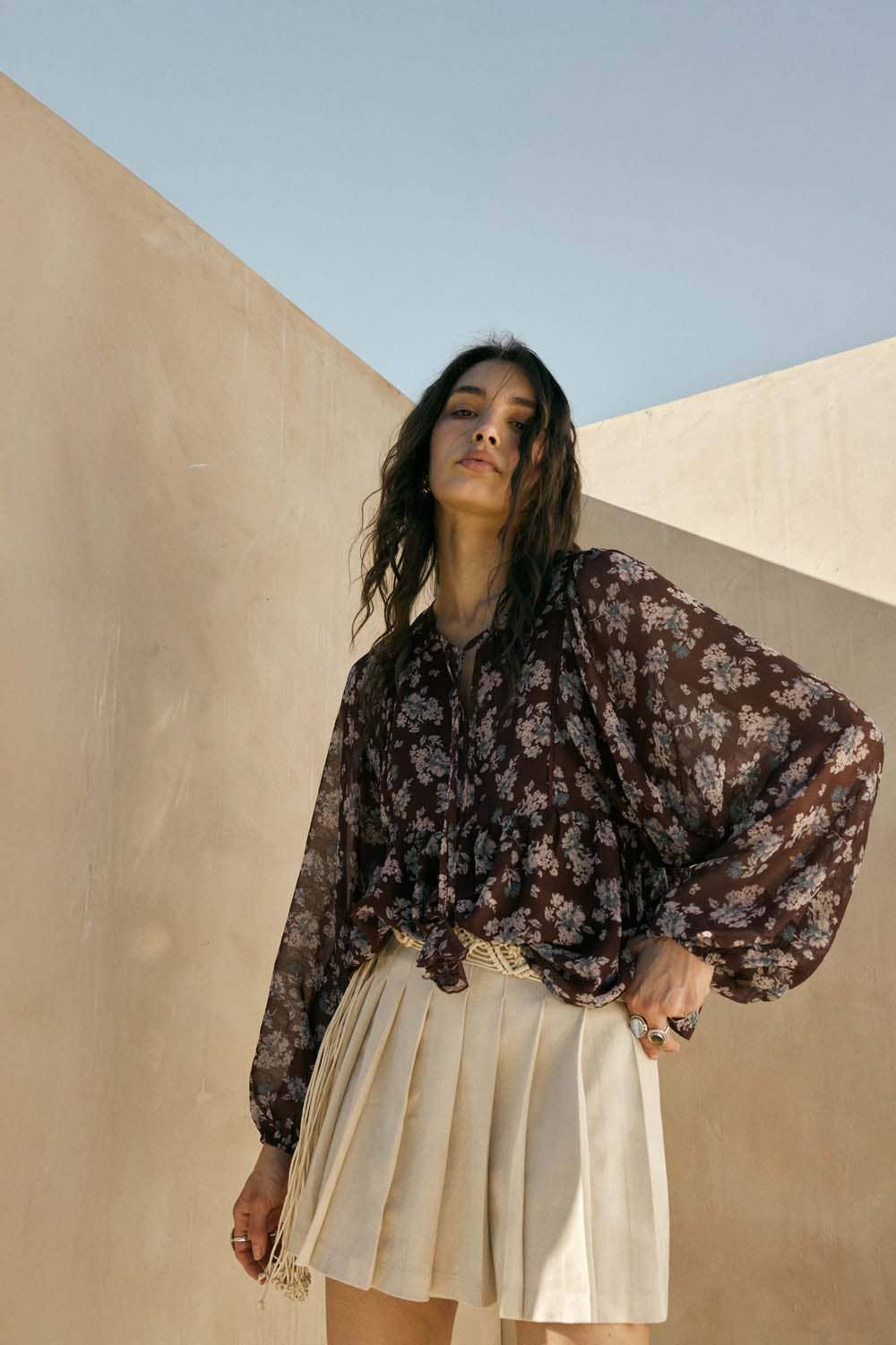 Floral Chiffon Tie-Neck Babydoll Peasant Top