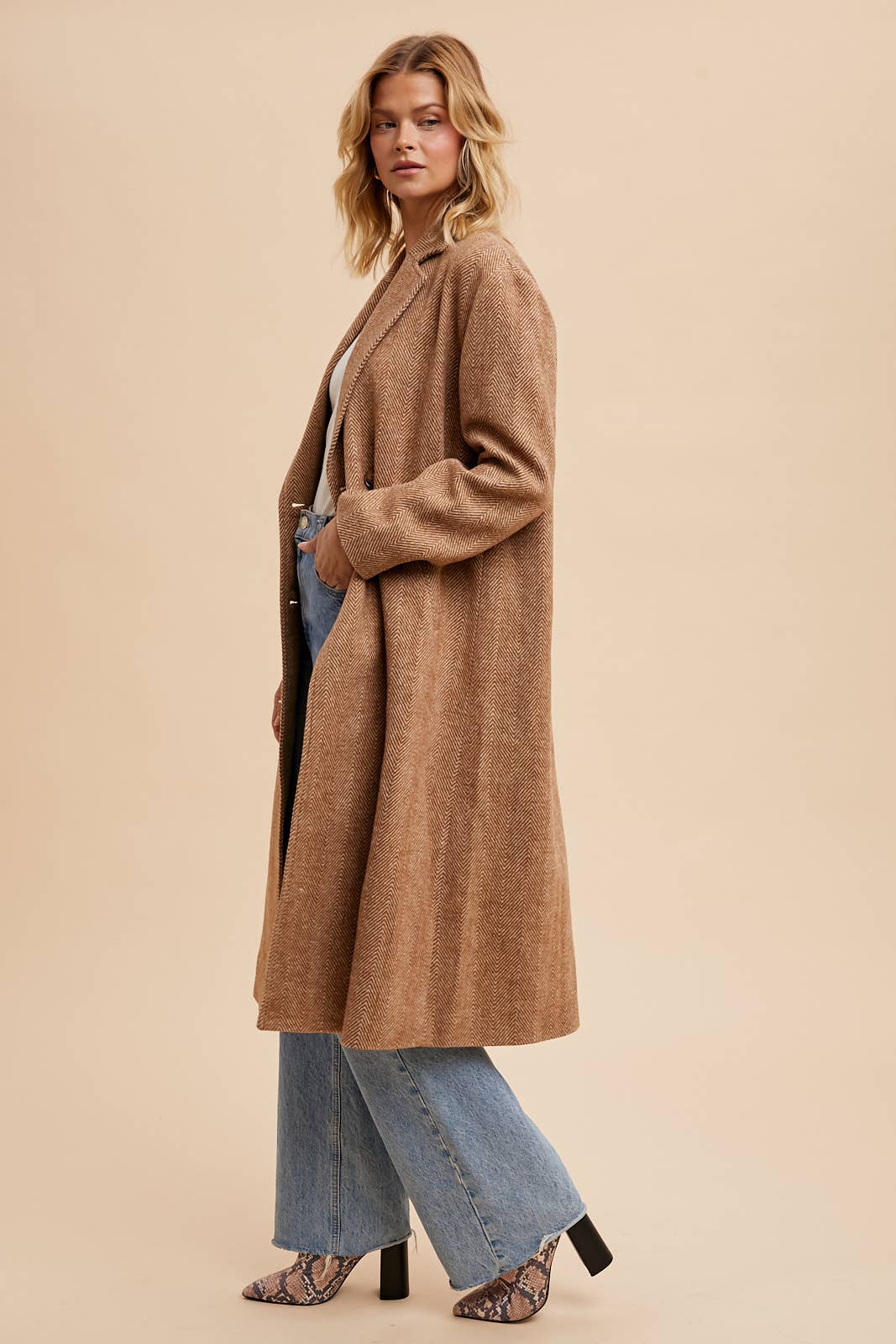 HERRINGBONE LAPEL LONG LINE COAT