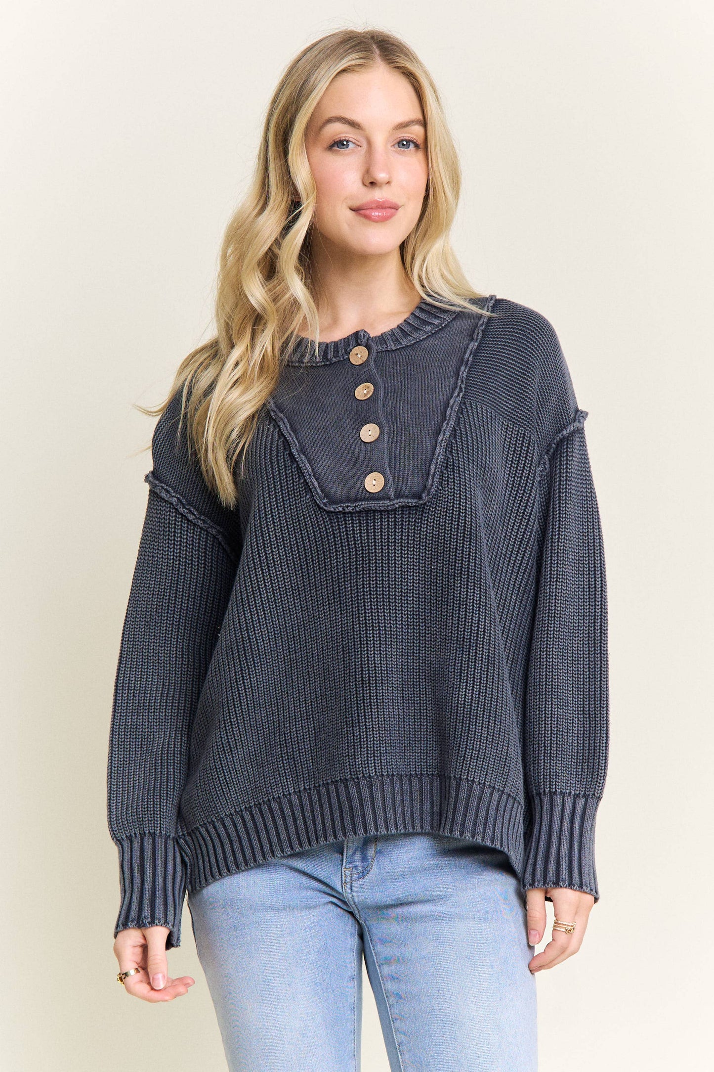 NAVY BUTTON FRONT HENLEY KNIT