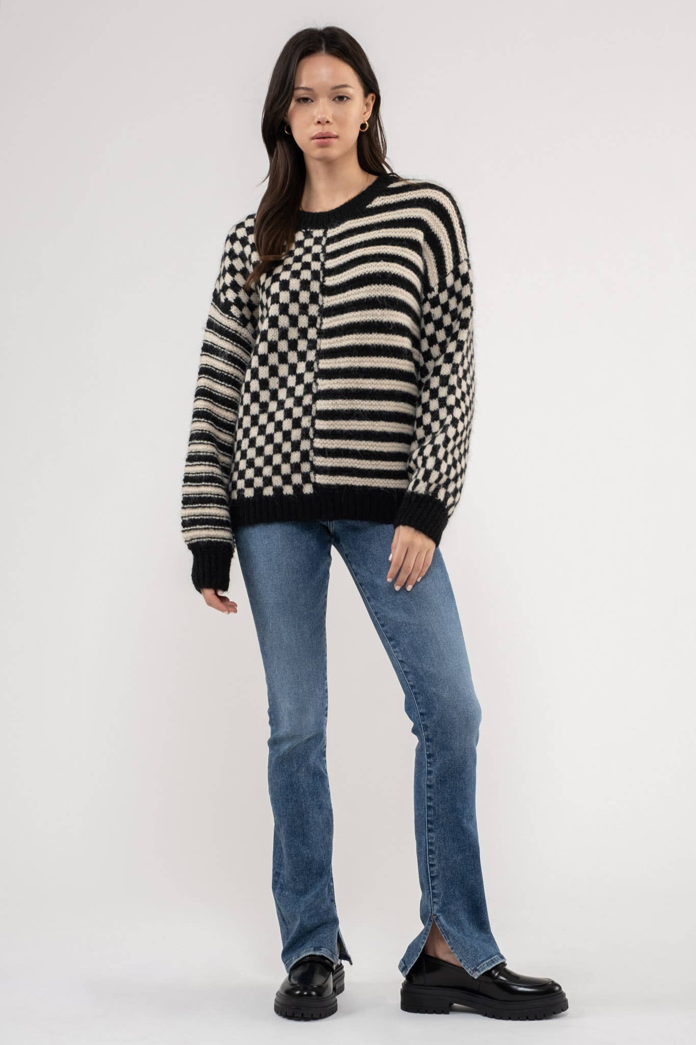 STRIPE + CHECKERED CREWNECK SWEATER