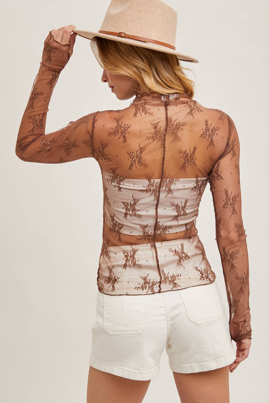 FLORAL LACE MESH TOP: HAZELNUT